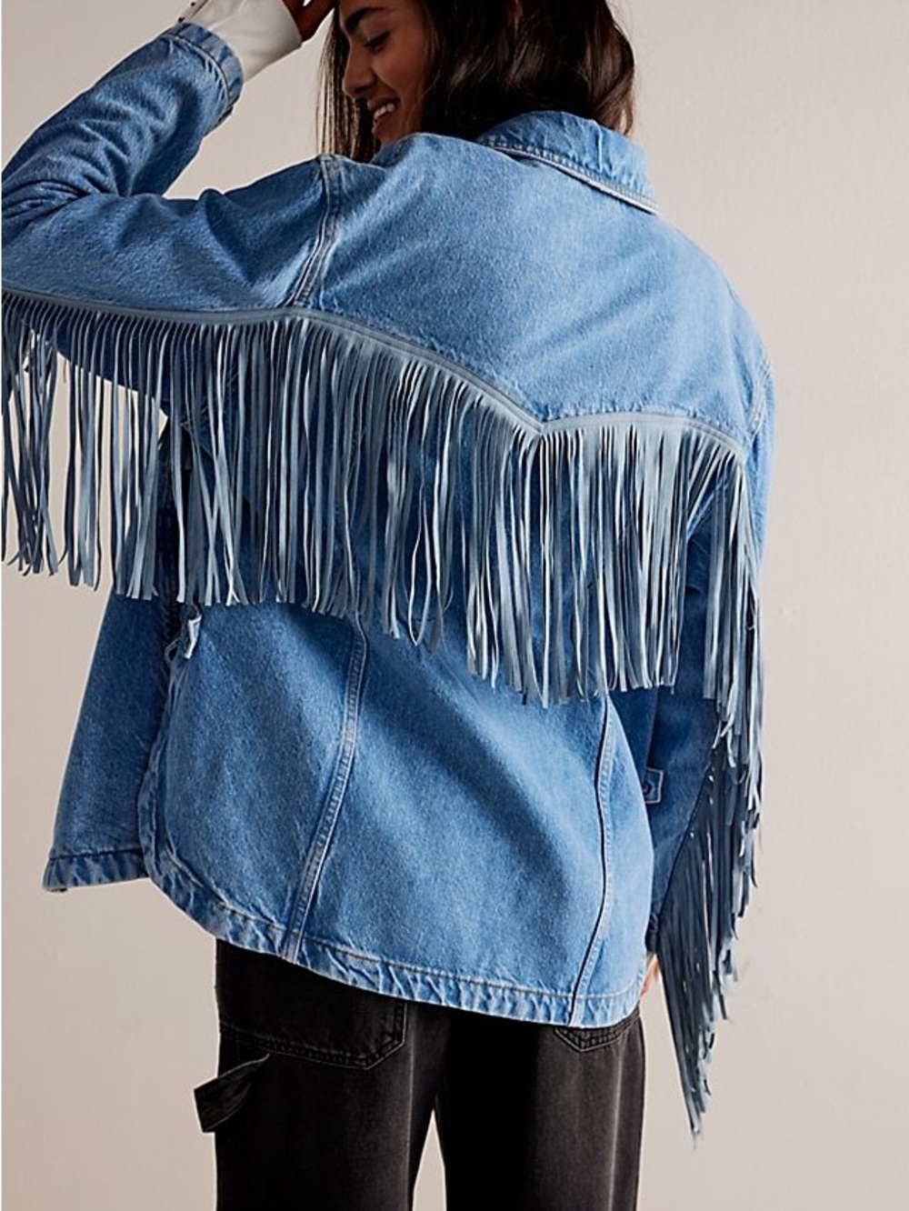 Free People Light Blue Denim Fringe Jean Jacket